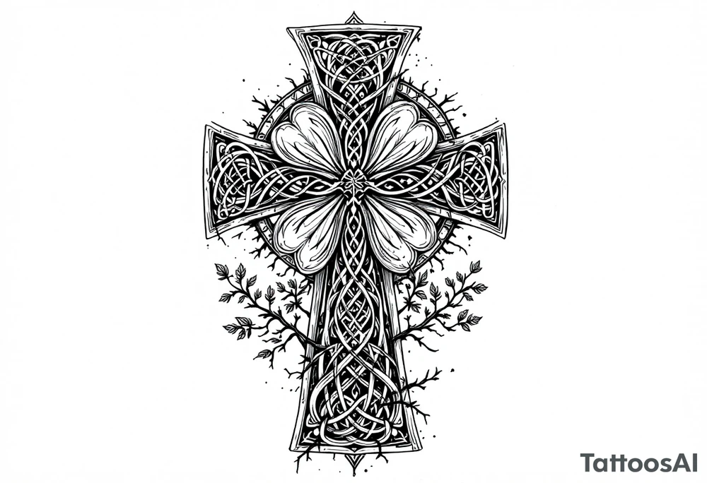 detailed irish celtic cross with a four leaf clover being surrounded by other celtic elements include a tree of life tattoo idea