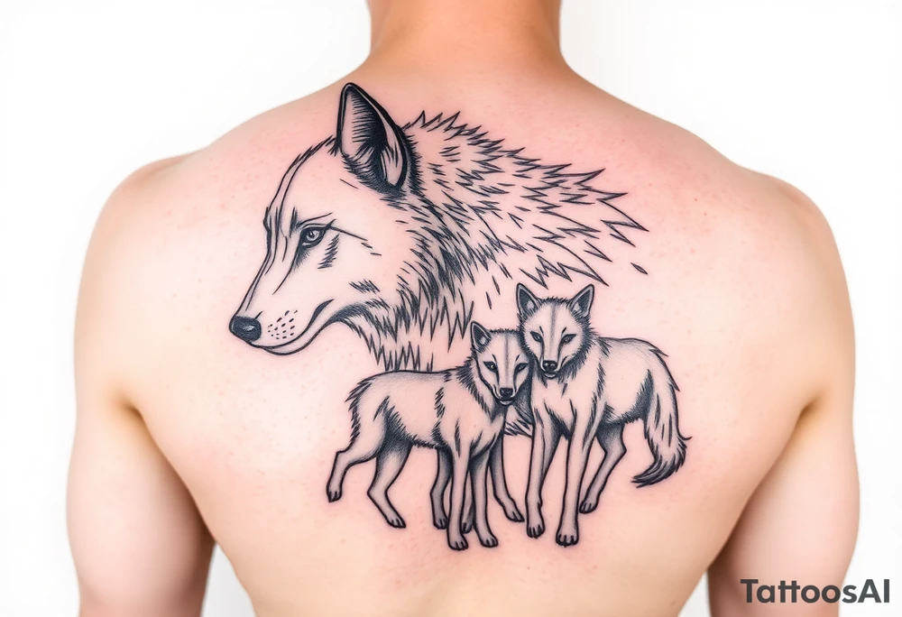 A solitary yet sublime and noble wolf and its progeny. tattoo idea