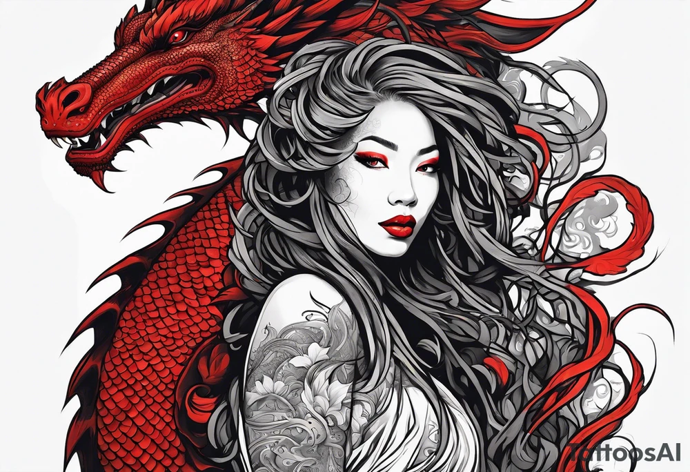 Red dragon wrapping around woman with locs tattoo idea