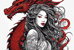 Red dragon wrapping around woman with locs tattoo idea
