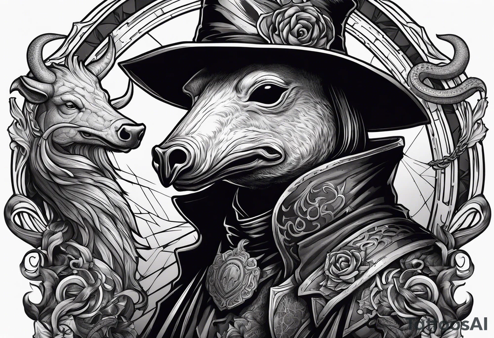plague doctor surrounded by a scary boar, bull, pitbul, and snake tattoo idea