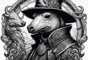 plague doctor surrounded by a scary boar, bull, pitbul, and snake tattoo idea