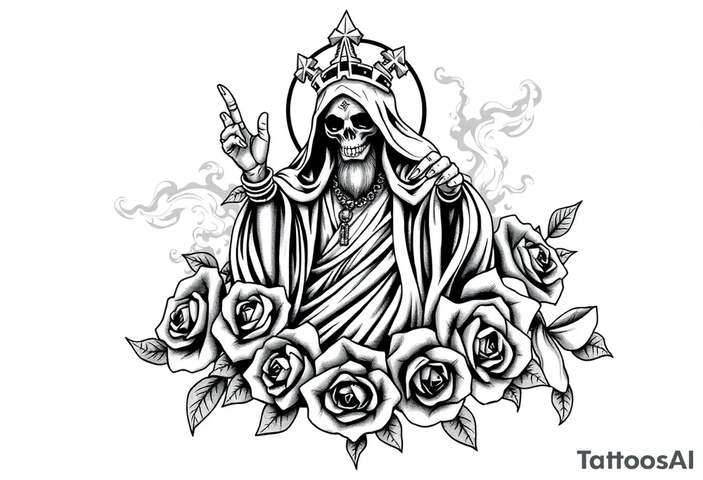 Evil Santa muerte rising out of smoke surrounded by 
 roses tattoo idea