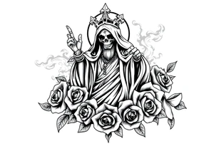 Evil Santa muerte rising out of smoke surrounded by 
 roses tattoo idea