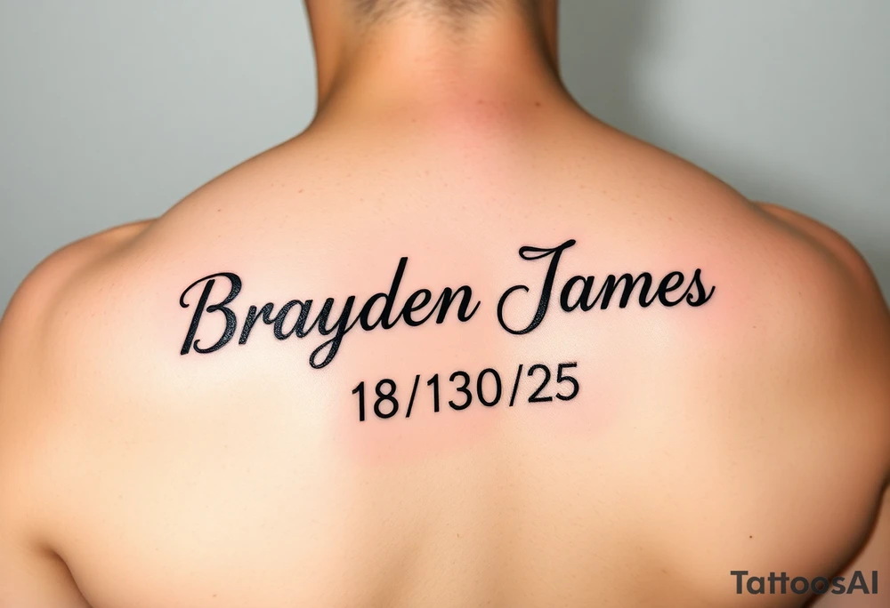 Brayden James name tattoo on forearm with dob 08/30/25 mother son dedicated female tattoo idea