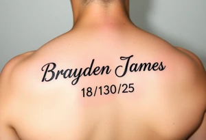 Brayden James name tattoo on forearm with dob 08/30/25 mother son dedicated female tattoo idea