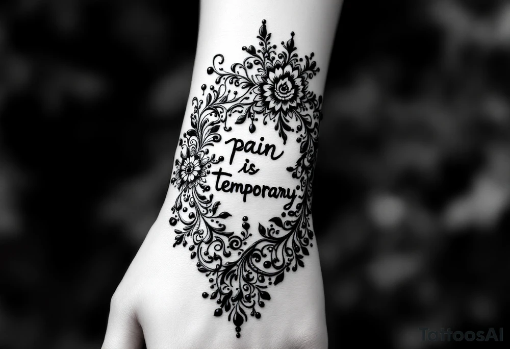 Indian style Henna tattoo for the inner wrist including word pain is temporary. tattoo idea