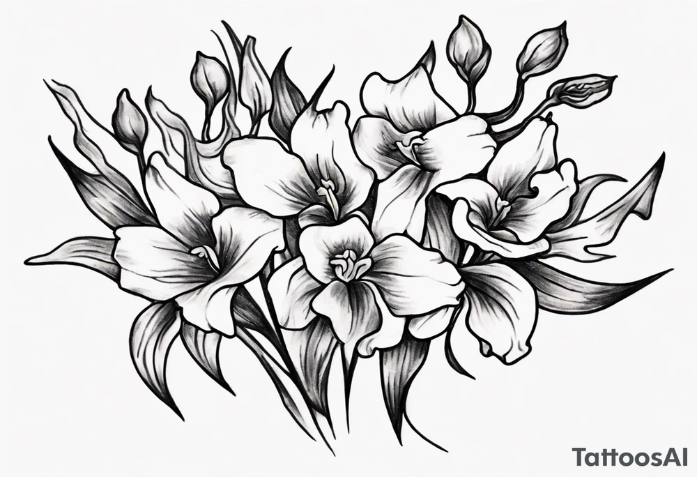 Create a small Vincent van Gogh art tattoo. The intended placement is on the upper chest. The overall design should be small in size while maintaining a delicate and artistic aesthetic. Pay attention to the graceful flow of the vines and the placement of the irises to achieve a refined and elegant look. tattoo idea