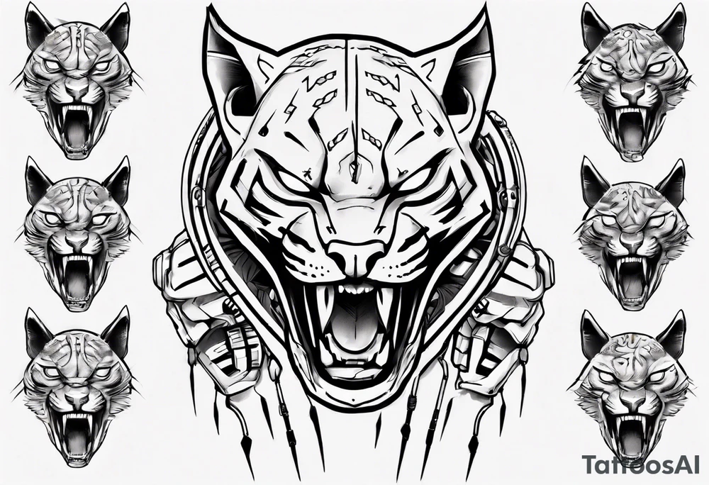 cybernetic ocelot full body teeth showing tattoo idea