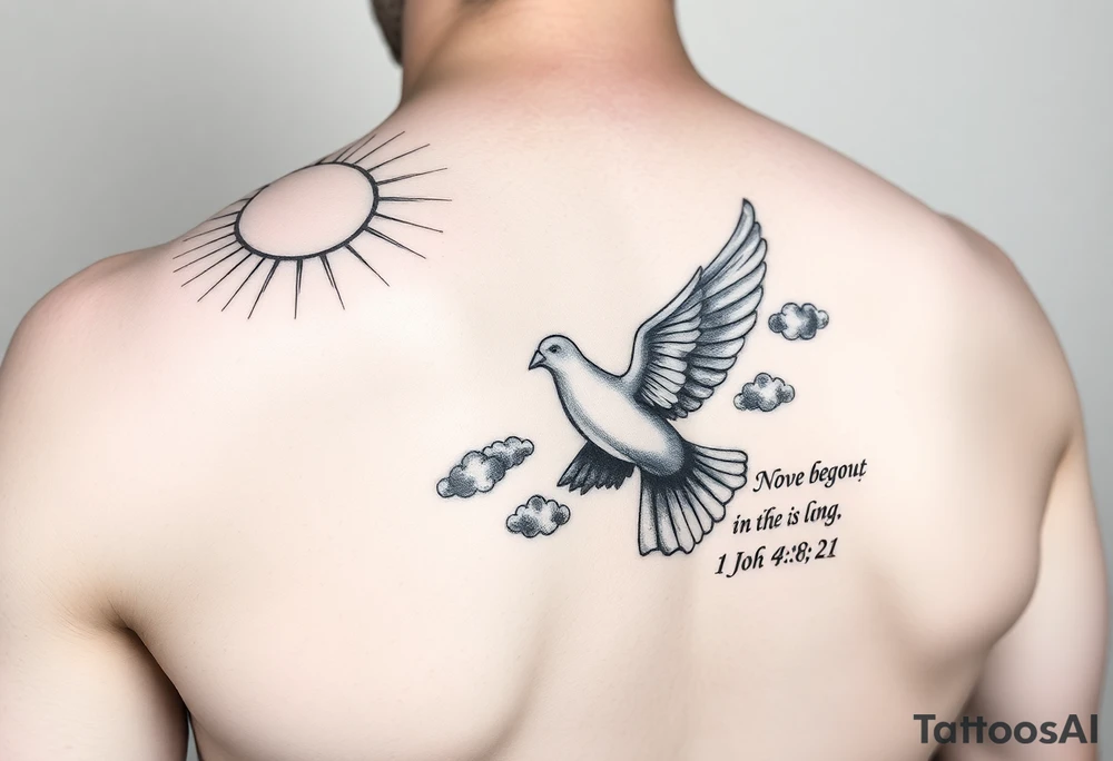 sun rays starting on the shoulder going a bit onto chest and down arm with some clouds, mourning dove, bible verse 1 John 4:21 written on the bicep, this is going to be a sleeve tattoo idea
