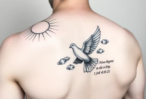 sun rays starting on the shoulder going a bit onto chest and down arm with some clouds, mourning dove, bible verse 1 John 4:21 written on the bicep, this is going to be a sleeve tattoo idea