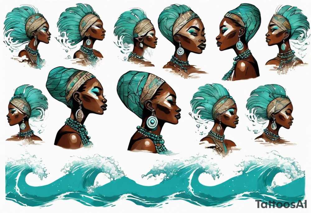 a beautiful turquoise african face emerging from an ocean wave, crashing onto the shore tattoo idea