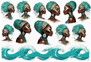 a beautiful turquoise african face emerging from an ocean wave, crashing onto the shore tattoo idea