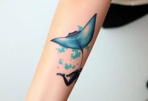 Manta ray silhouette above, scuba diver underneath, water backround tattoo idea