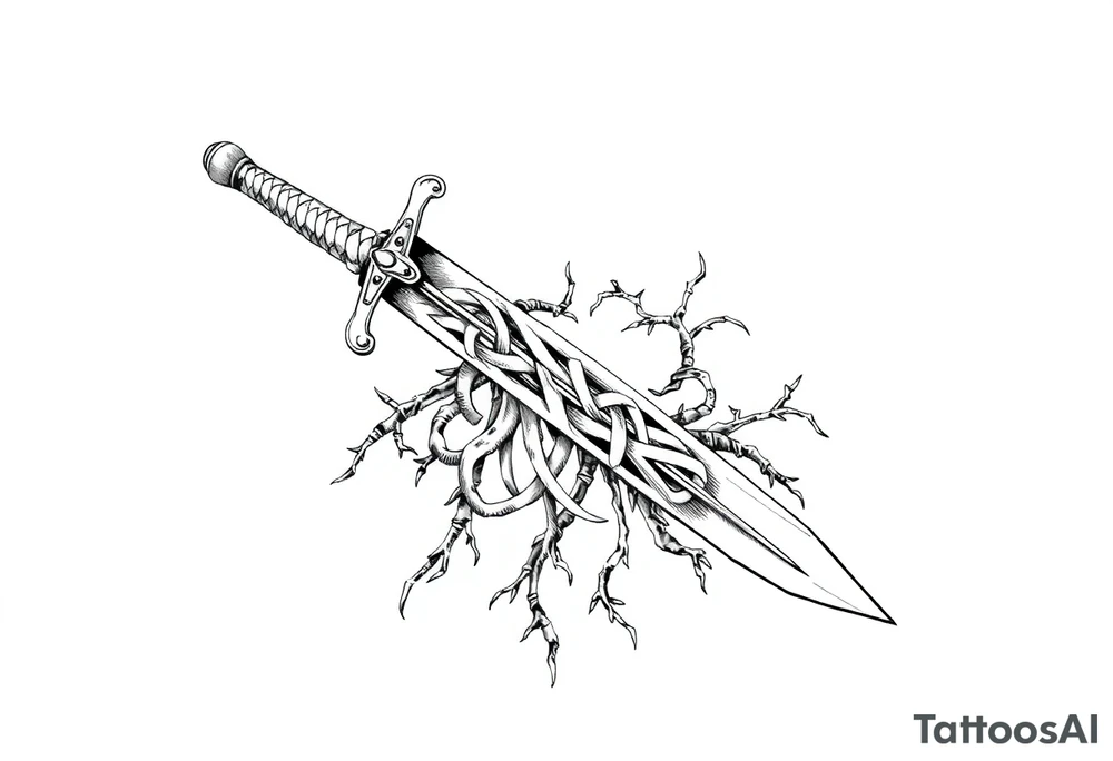 Armband tattoo of a sword with covered in a Celtic knot roots tattoo idea