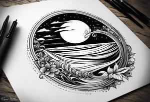A balck tattoo for my shoulder with time and a date for my so 25.05.16 and a wave of beach about life tattoo idea