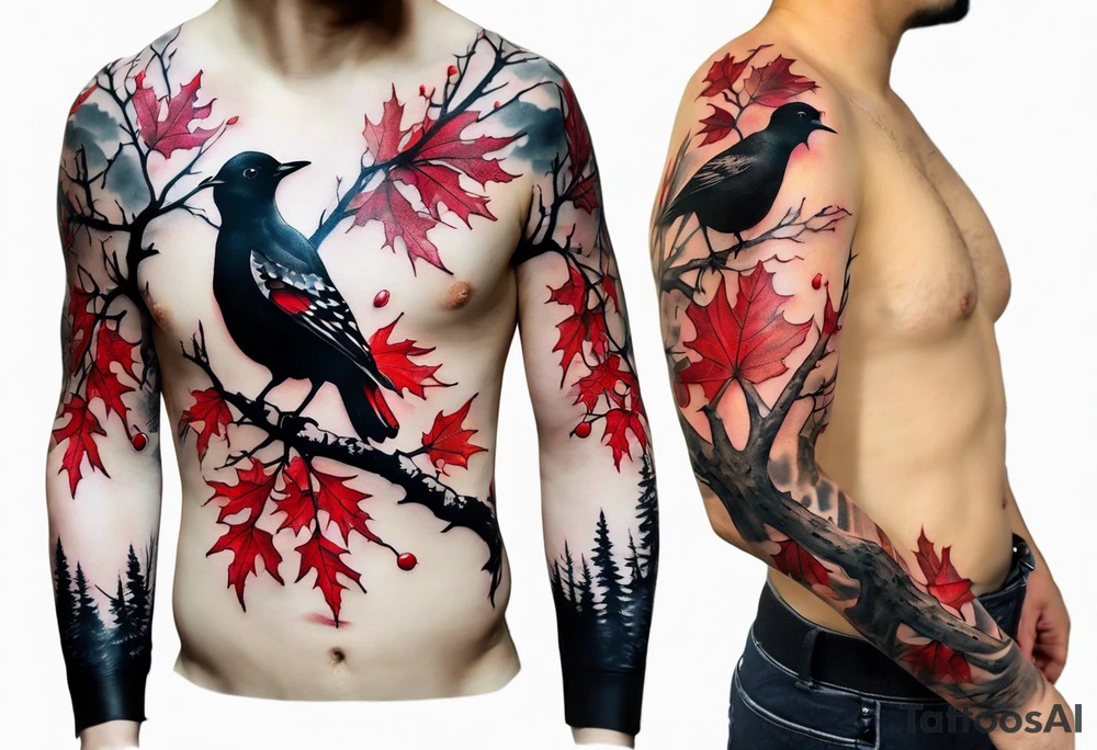 trash polka style. Arm tattoo. Long tattoo. large tattoo. Full sleeve. Shoulder. A single large maple tree with red autumn leaves that branches upwards from wrist to shoulder. White-throated dipper bird on the trees branches. Calluna flowers at the base of the trees stem. Tree stem has dark colors. Red/yellow sunset behind the trees stem. Leaves falling. tattoo idea