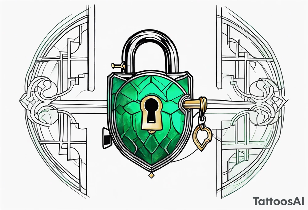 Lock and key with emerald stone tattoo idea