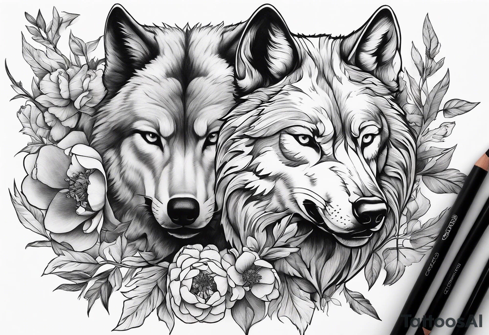 Woodland scene of wolf fighting with peonies and smoke tattoo idea