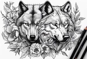Woodland scene of wolf fighting with peonies and smoke tattoo idea