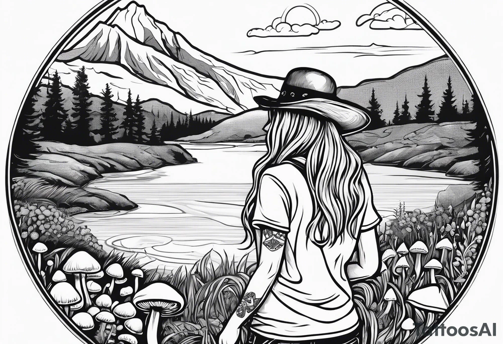 Whole picture within a circle Straight long blonde hair hippie girl in distance holding mushrooms in hand facing away toward mountains and creek surrounded by mushrooms tee shirt hiking pants hiking boots tattoo idea