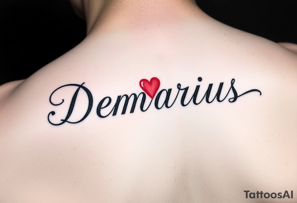 the name “demarius” name in cursive in red ink with a heart over the i tattoo idea