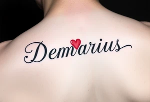 the name “demarius” name in cursive in red ink with a heart over the i tattoo idea