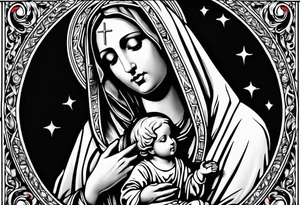 Blessed Virgin Mary holding crucified Jesus with the holy spirit dove above them and rosary beads tattoo idea