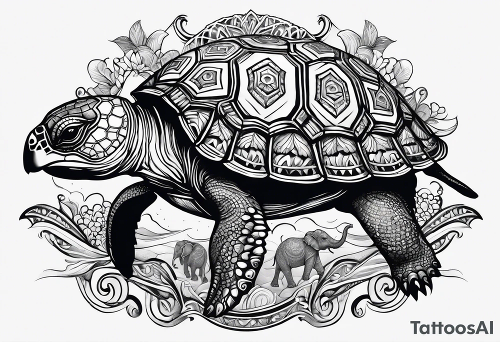 Sea turtle with 4 elephants on its shell holding the world tattoo idea