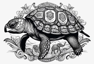 Sea turtle with 4 elephants on its shell holding the world tattoo idea