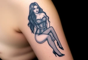 Seated woman with long dark hair, wearing a corset, fishnet tights and black shiny stilettos tattoo idea