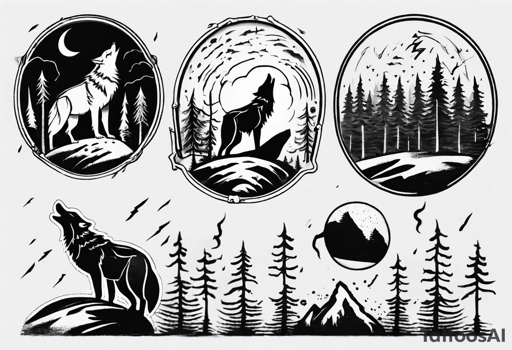 thunderstorm over a forest with a wolf howling on drums tattoo idea thunderstorm over a forest with a wolf howling on drums tattoo idea