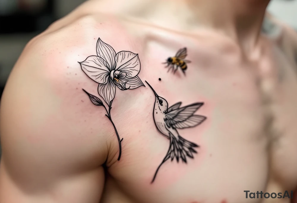 A delicate, black and white fine-line tattoo for male, featuring gracefully detailed 2 orchids in full bloom including their stems, with soft, intricate petals and elegant curves. Beside it, a hummingbird hovers mid-flight, its wings drawn with subtle motion lines, its slender beak reaching toward the orchid’s center to drink its nectar. on the other flower there is a bee that is resting tattoo idea