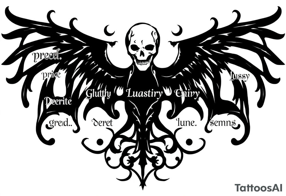 powerful sexy seven deadly sins stencil  with words greed, pride, gluttony, wrath, lust, sloth and envy, with a darkness kind of feeling  and storms tattoo idea