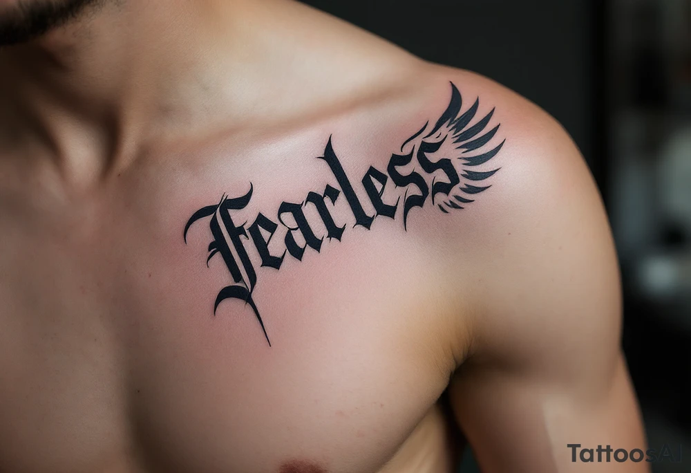 “Fearless” in steel gray Gothic style, flanked by wing motifs in faded charcoal. tattoo idea