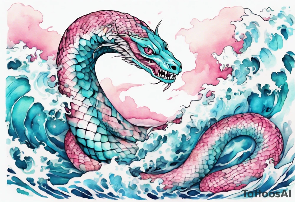 a pretty turquoise pink and white serpent rising from the blue waves of the ocean tattoo idea