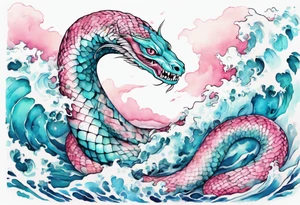 a pretty turquoise pink and white serpent rising from the blue waves of the ocean tattoo idea