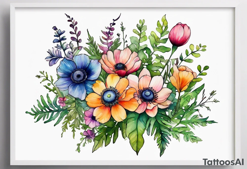 Simple Multicolored wild flowers with ferns and white anemone all watercolor tattoo idea