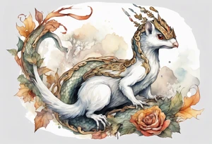 a white bird-serpent hybrid, wearing a iron crown, attacking a squirrel dressed in a tunic tattoo idea