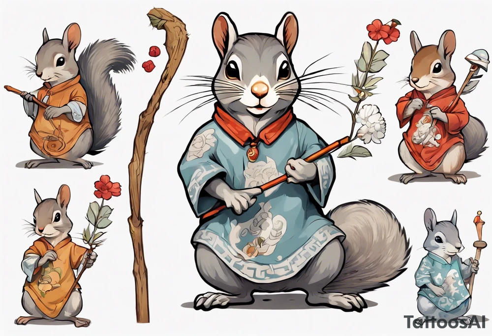 a grey squirrel dressed in a tunic holding a large white stick tattoo idea