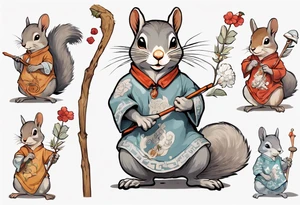 a grey squirrel dressed in a tunic holding a large white stick tattoo idea
