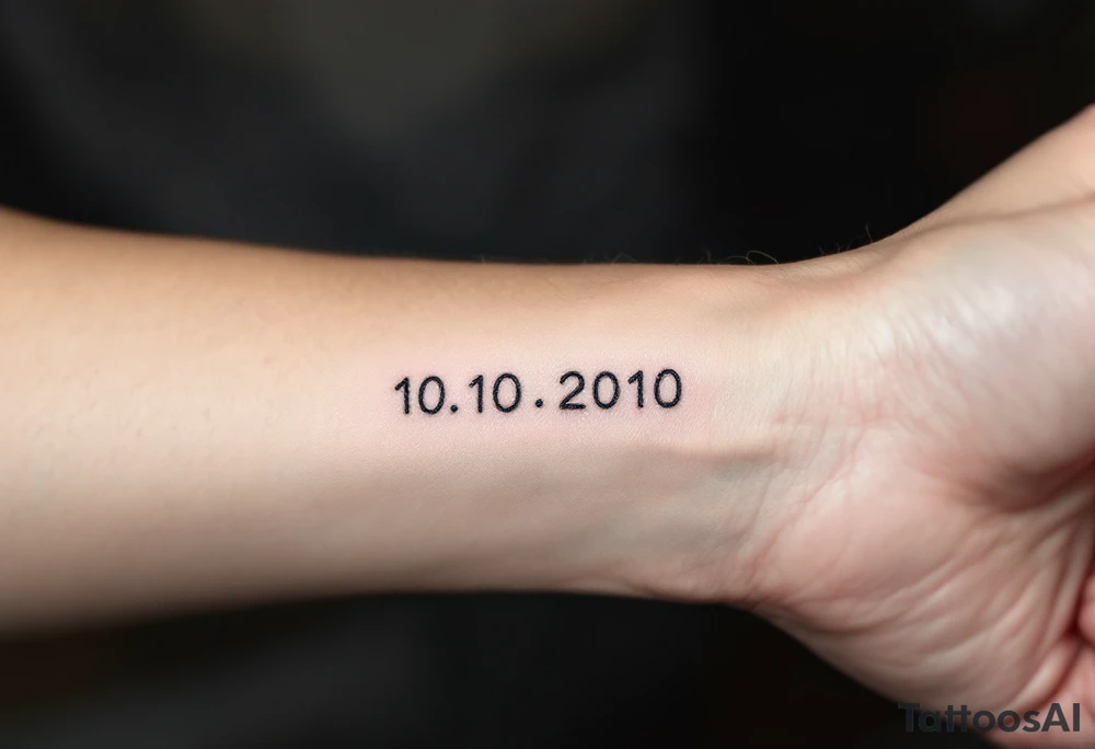 Minimalist 10.10.2010 in thin black sans serif with a small sky-blue dot between each number. tattoo idea