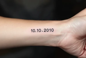 Minimalist 10.10.2010 in thin black sans serif with a small sky-blue dot between each number. tattoo idea