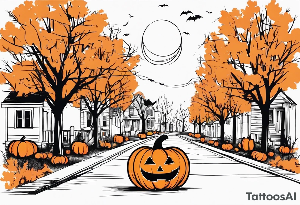 Midwestern street in fall with Halloween pumpkin tattoo idea