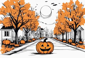 Midwestern street in fall with Halloween pumpkin tattoo idea