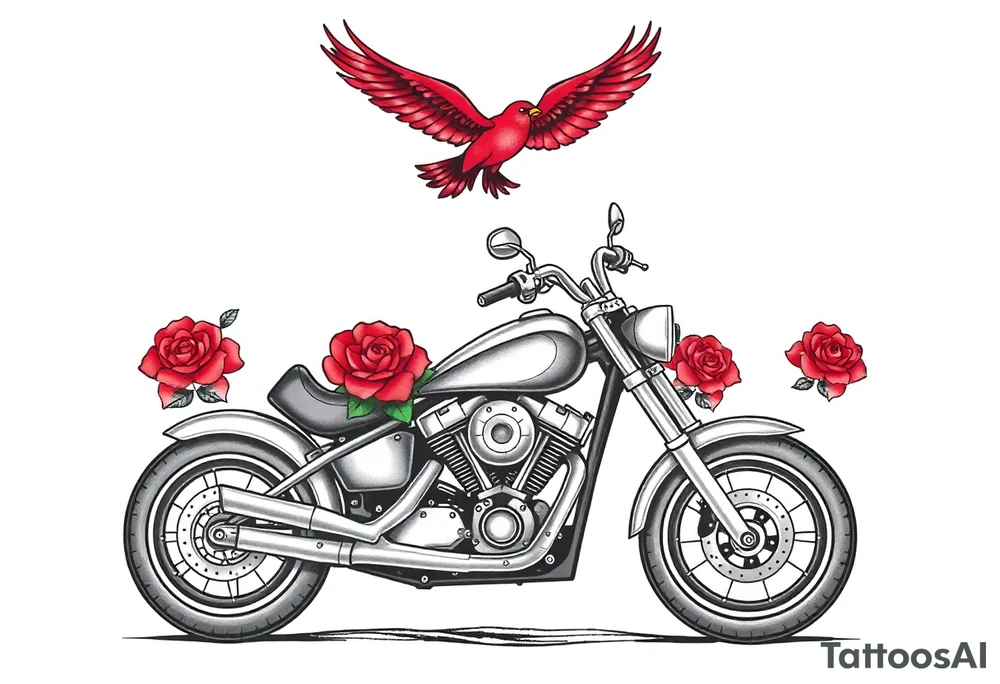 Harley grey motorcycle driving away, two red birds flying, roses, flames, angel wings tattoo idea