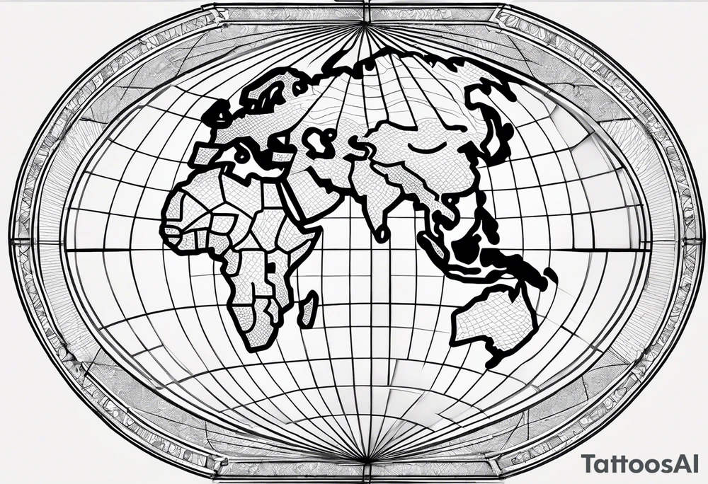 the earth on a flat map with no shading placed on a grid with only the lines with accurate depictions of the borders in countries while having it in an oval/circular position on a grid without any borders on the sides while having the countries not have such bold borders tattoo idea