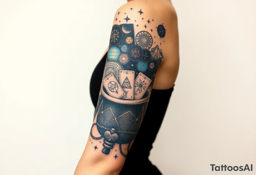 Milky way filled with zodiac symbols runes tarot cards coming out of a cauldron tattoo idea