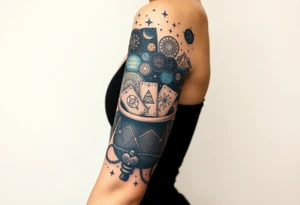 Milky way filled with zodiac symbols runes tarot cards coming out of a cauldron tattoo idea