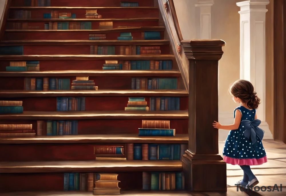 5 year old girl. Facing away and walking up steps which look like large books. The binding of the books being the front of the stairs. The girl has her hair partially up, with a bow securing her hair. She's wearing a puffy a-line, polka dot dress. In one hand, she's holding the arm of a stuffed dog, in the other she hold the hand of someone who's arm slowing disappears. tattoo idea